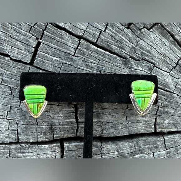 Sterling Silver Green Gaspiete Inlay Earrings - Picture 1 of 5